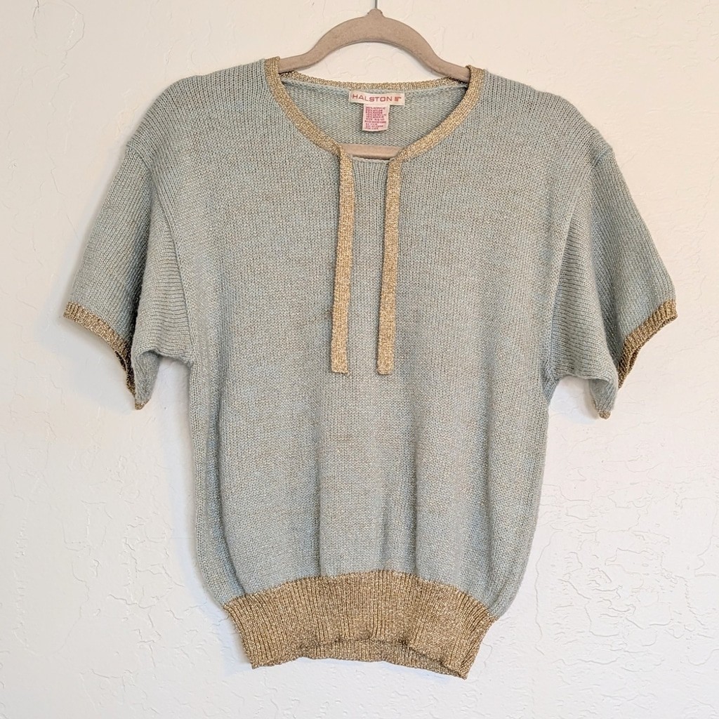 VTG Cardigan Short Sleeve Sweater Set Light Mint Green Gold Trim 80s Grandmacore