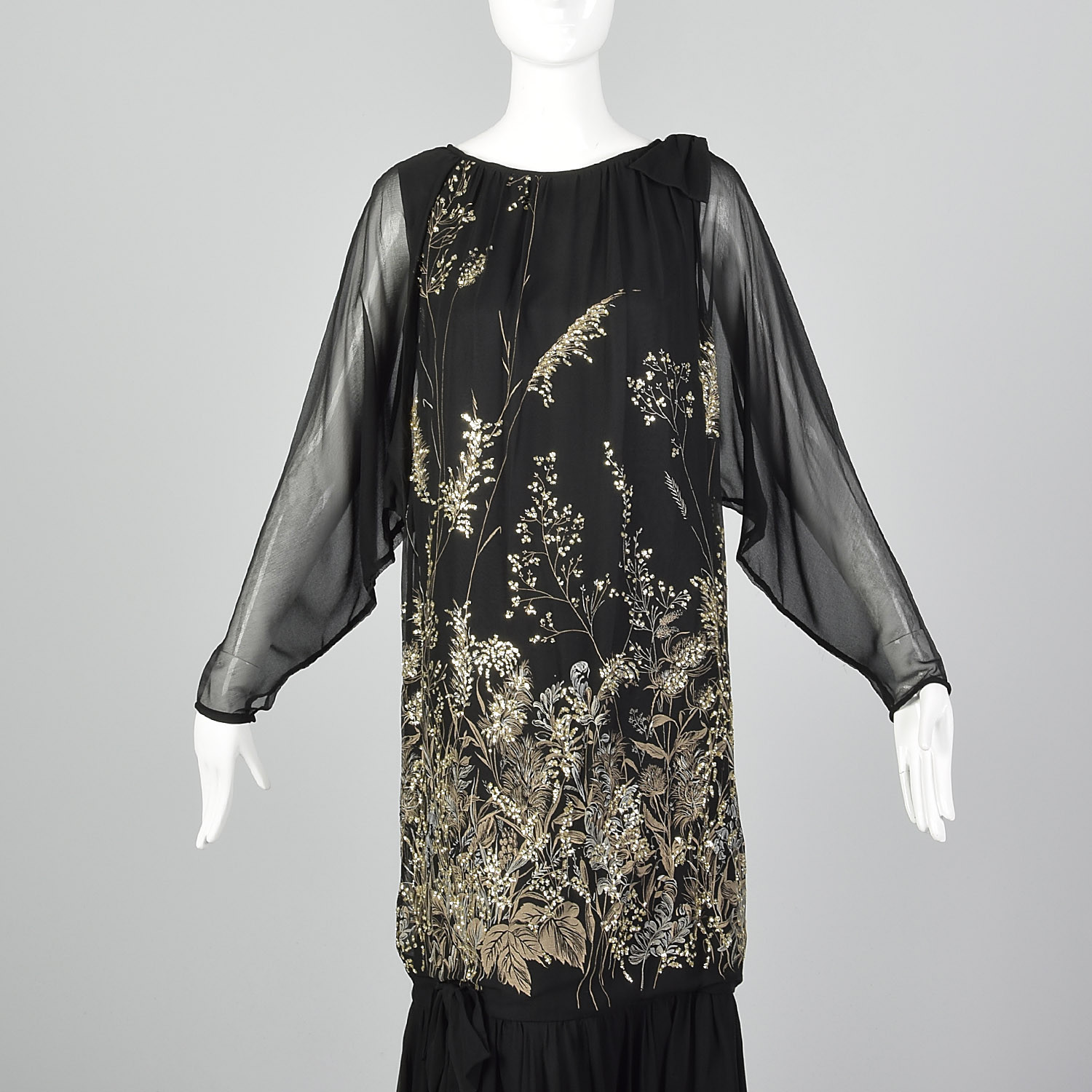 Small 1980s Black Drop Waist Printed Dress Gold Glitter VTG Long Maxi Party