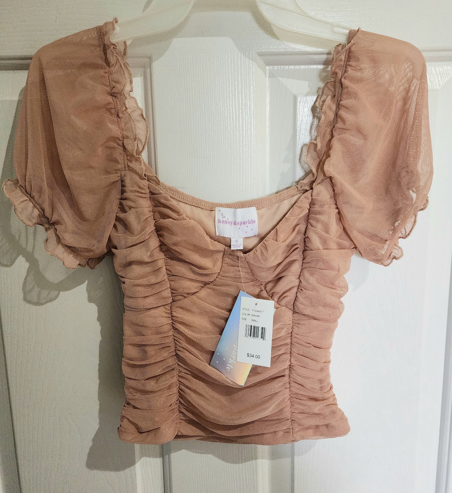 Nude Sheer Off The Shoulder Cropped Blouse Sz. Small- Honey & Sparkle