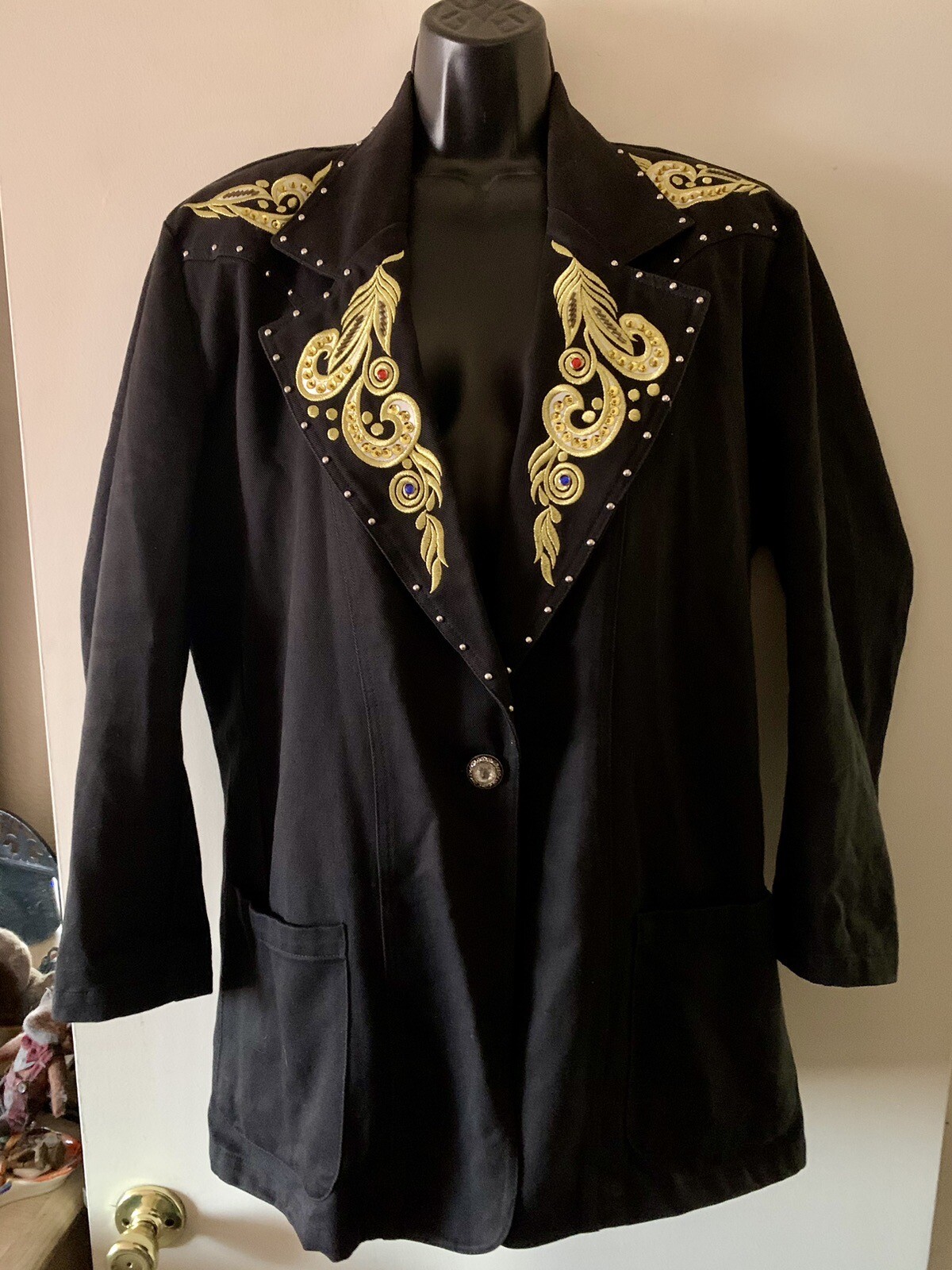Vintage JenJen by Darian Blazer Black Denim Gold Embroidery Rhinestone Studded M