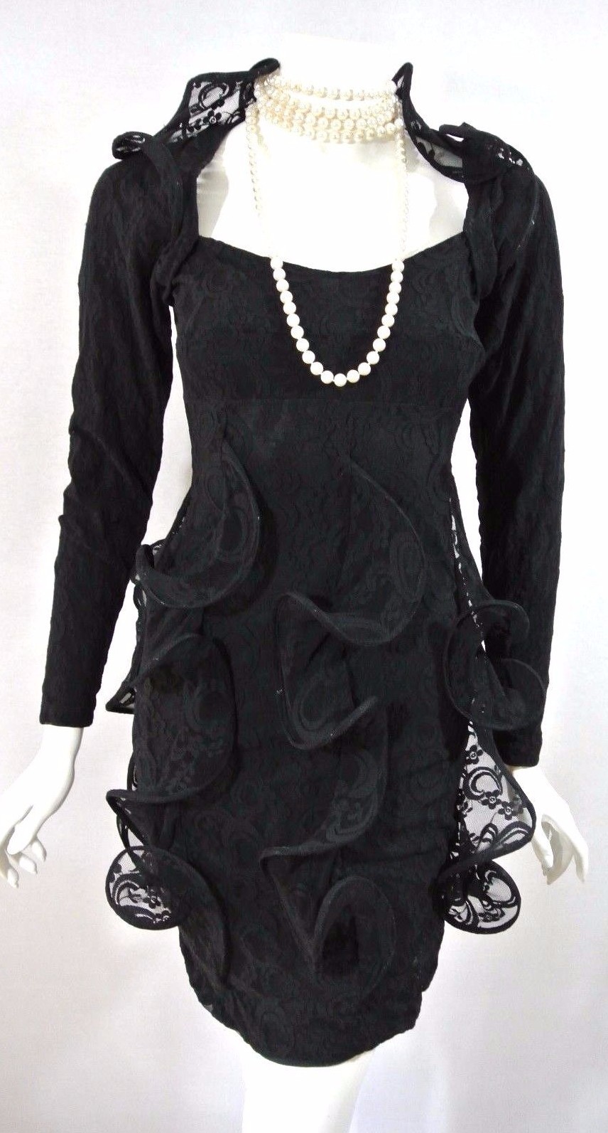 Black Lace Mini Cocktail Dress wires Unusual XS-S- Party Fitted Sexy