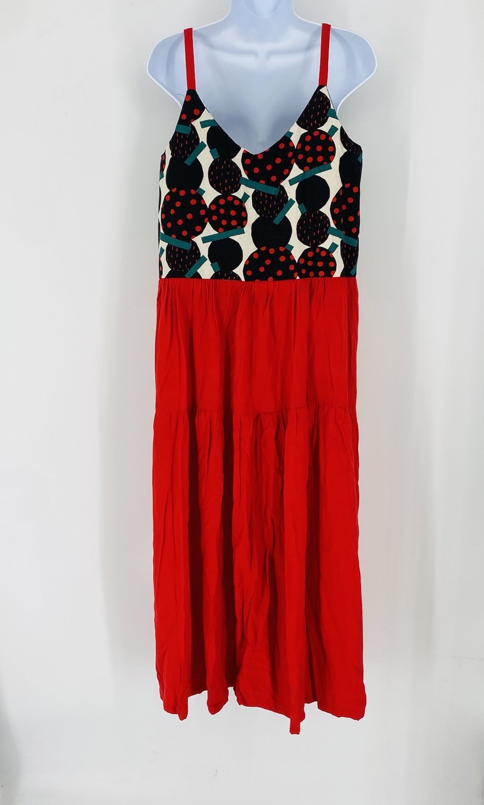 Vintage Handmade V Neck Maxi Dress Red Modern Print Tiered Skirt Size L