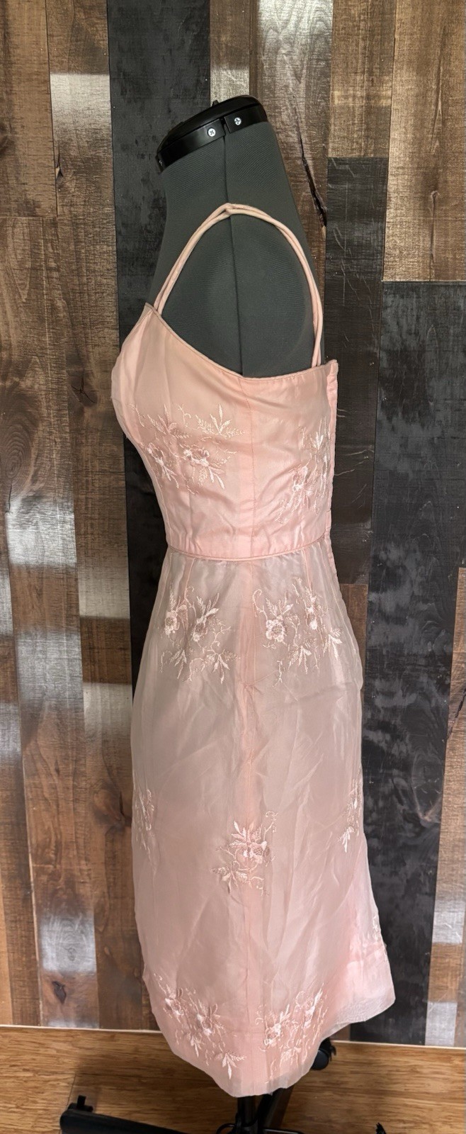 Vintage Pink Embroidered Organza Wiggle Dress Pin-Up Tiki Rockabilly XS Flawed