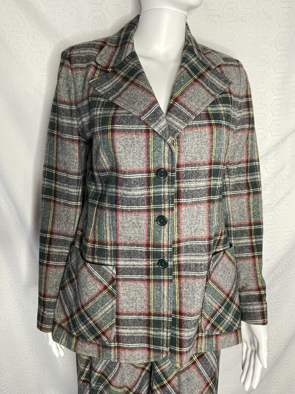 Vintage 70s Maxi Skirt Blazer Suit Wool Plaid 9/10 Wide Lapels Gray Green Red JH