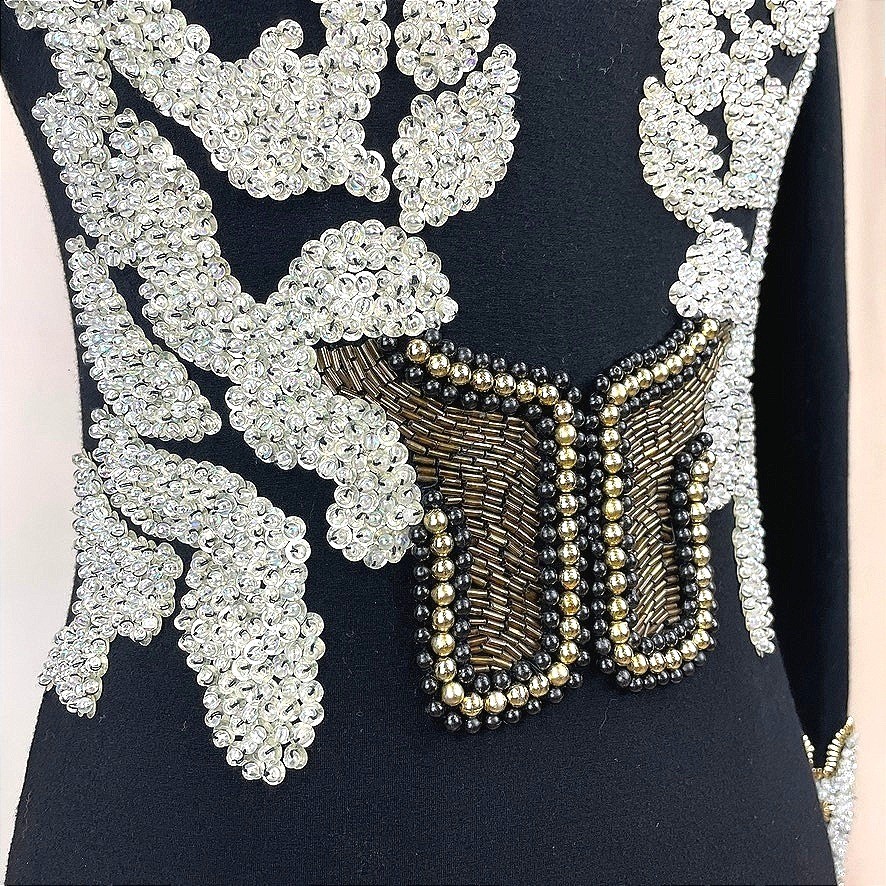 Vintage Womens (S/M) 90s Beaded Bodycon LBD Cocktail Dress Mini Mobwife McBling