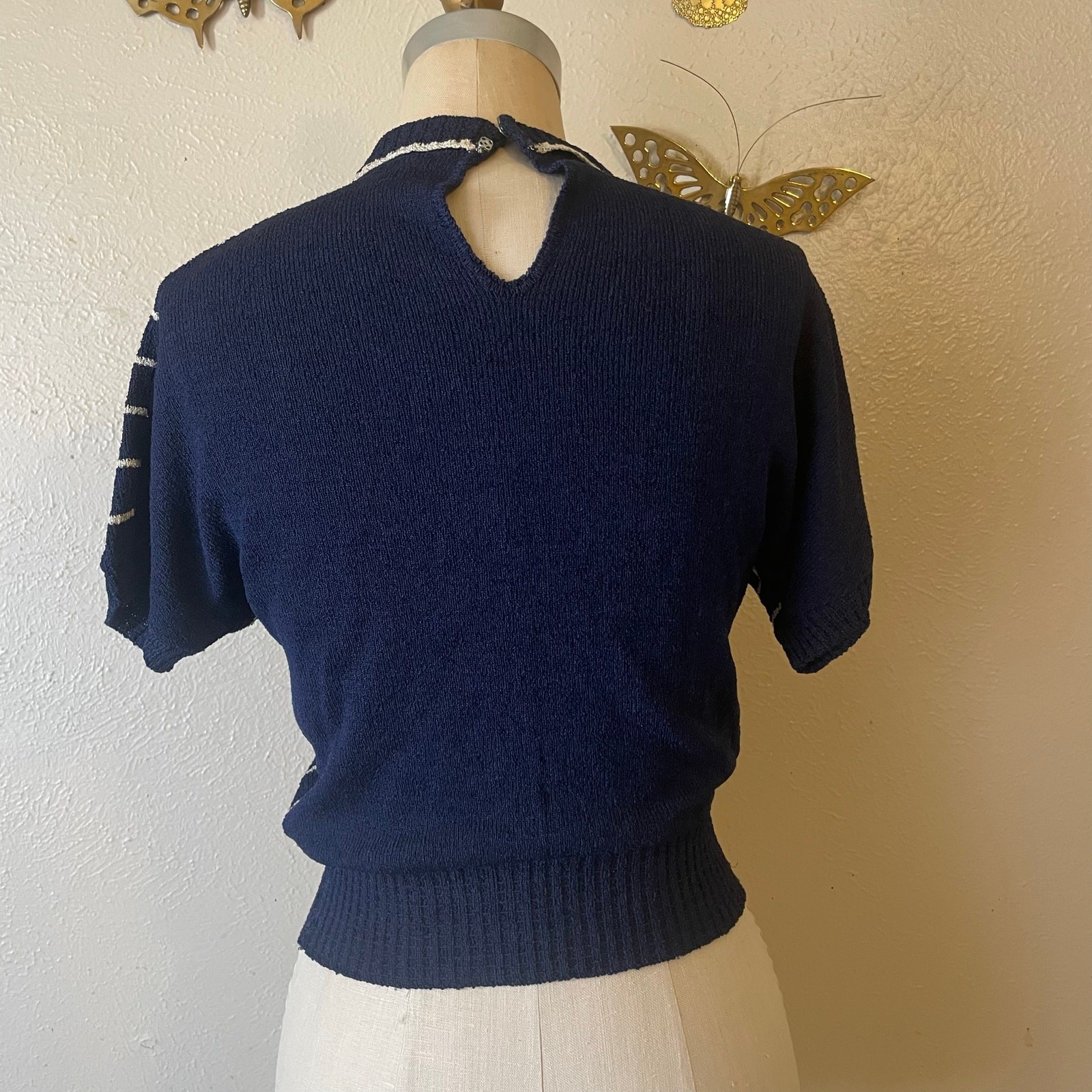 Vintage 1950s Tobi of California Navy Cream Chevron Knit Sweater Bib Top Size S