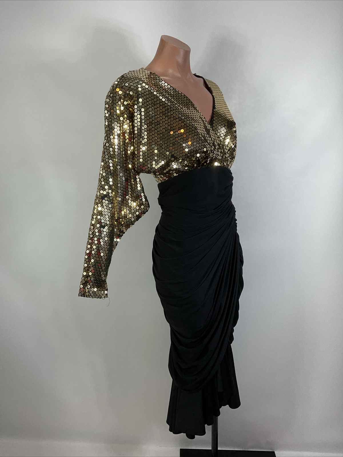 Tadashi VTG Formal Gold Sequin Ruched Draped Cocktail Party Dress Holiday NYE