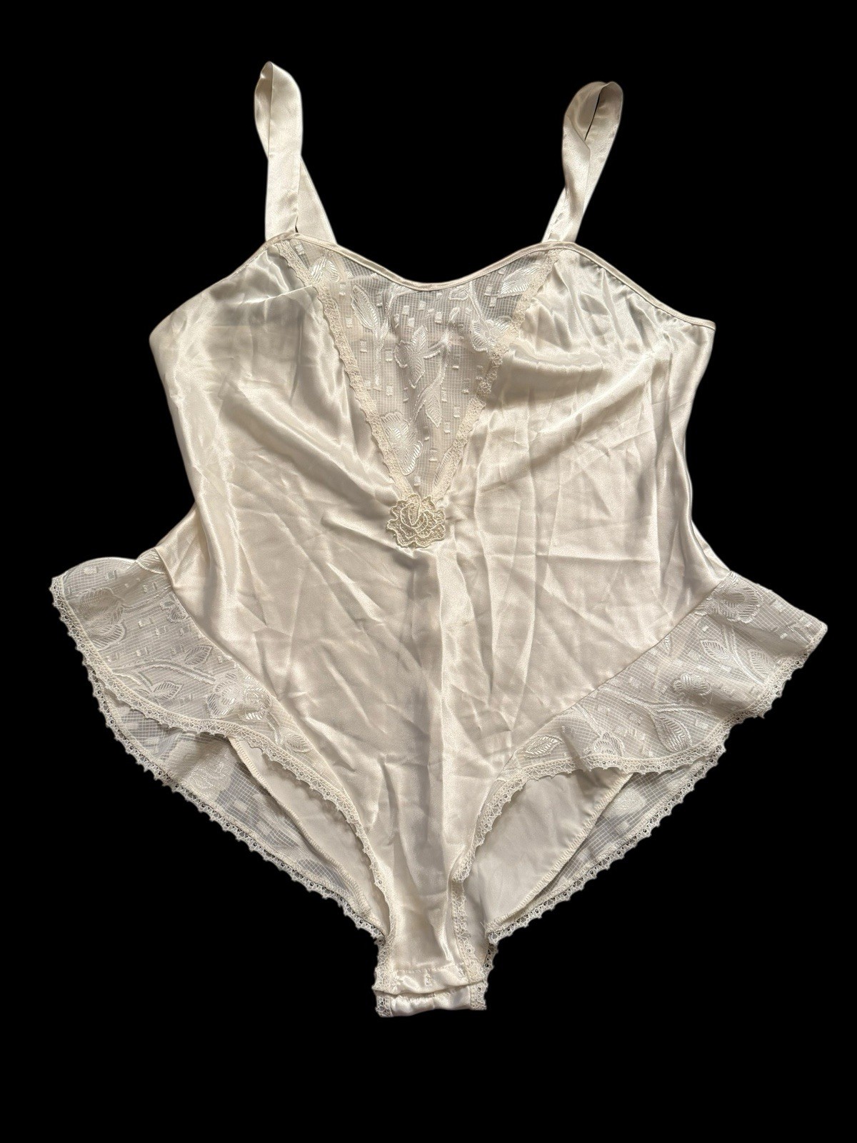 Vintage VANDEMERE Lace Shiny White Satin Body Slip Bodysuit M Flutter Sides