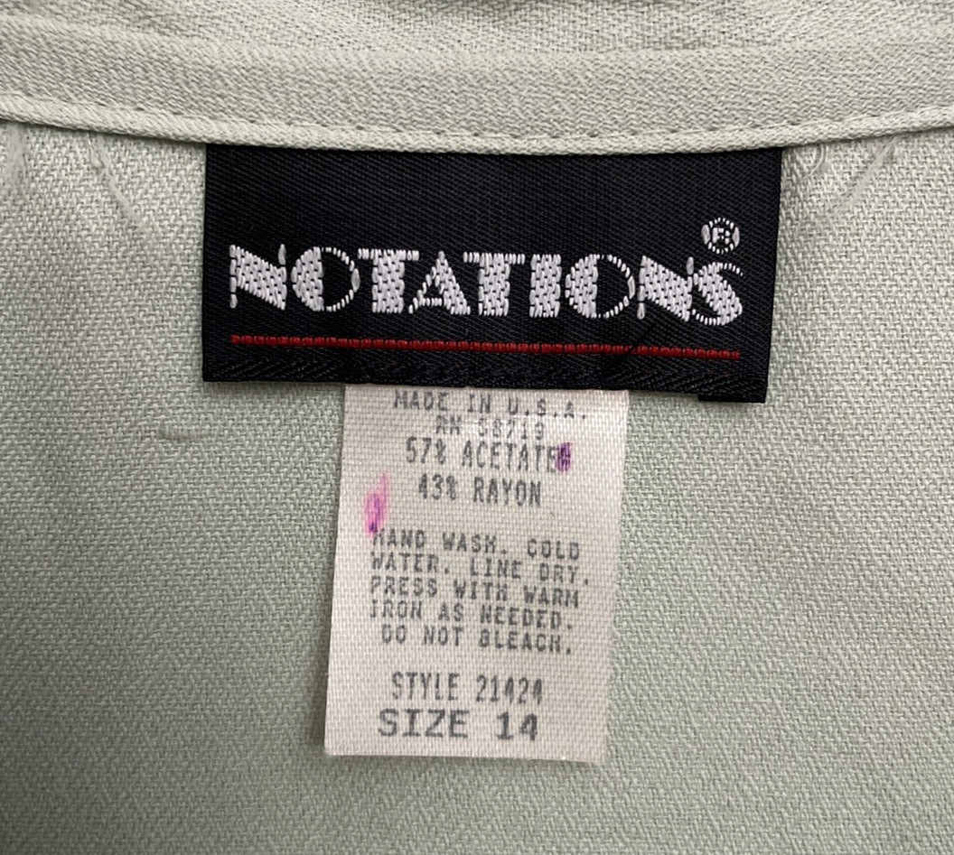 Vtg Notations Blouse Sz 14 Lt Green S/S Peplum Feminine 80s 90s