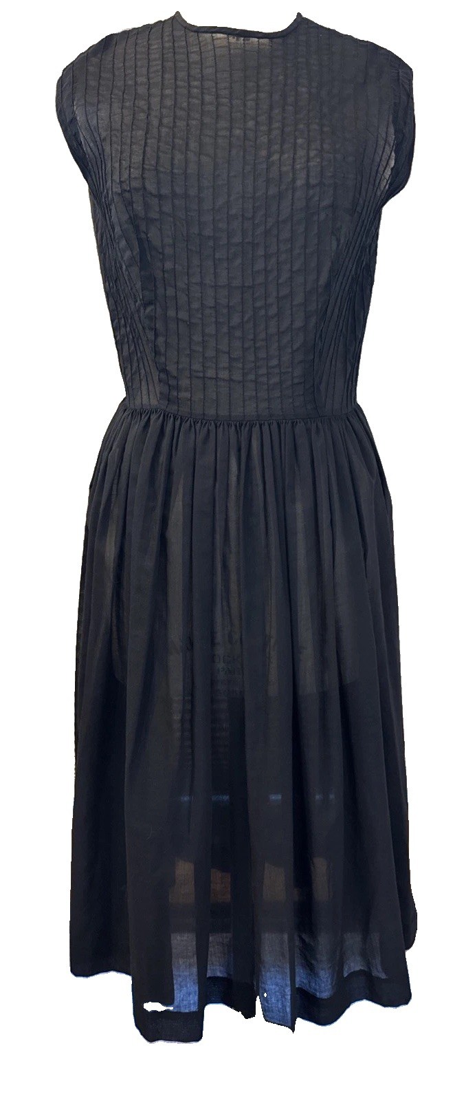 True Vintage 1950’s Black Sheer Cotton Mid Century Dress Pintuck Bodice M