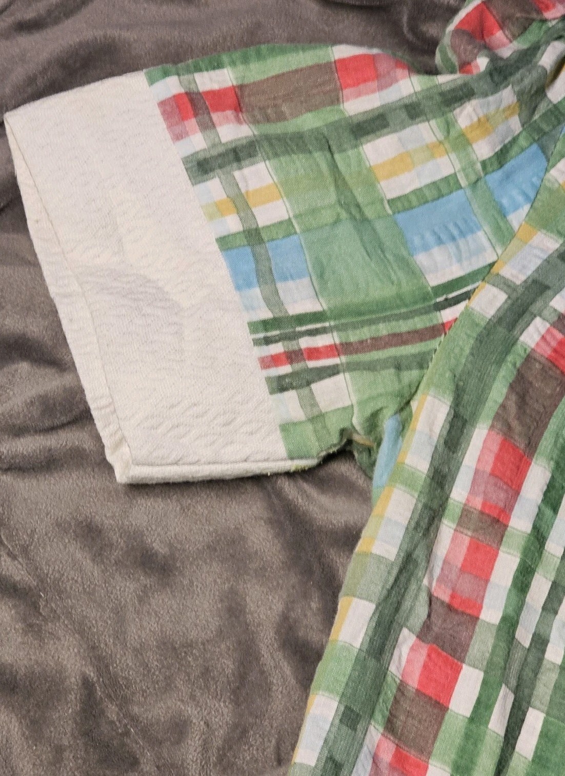 VTG Sears Fashions Shortsleeve Blouse Plaid Pastel Green Collared Cotton 70s 14