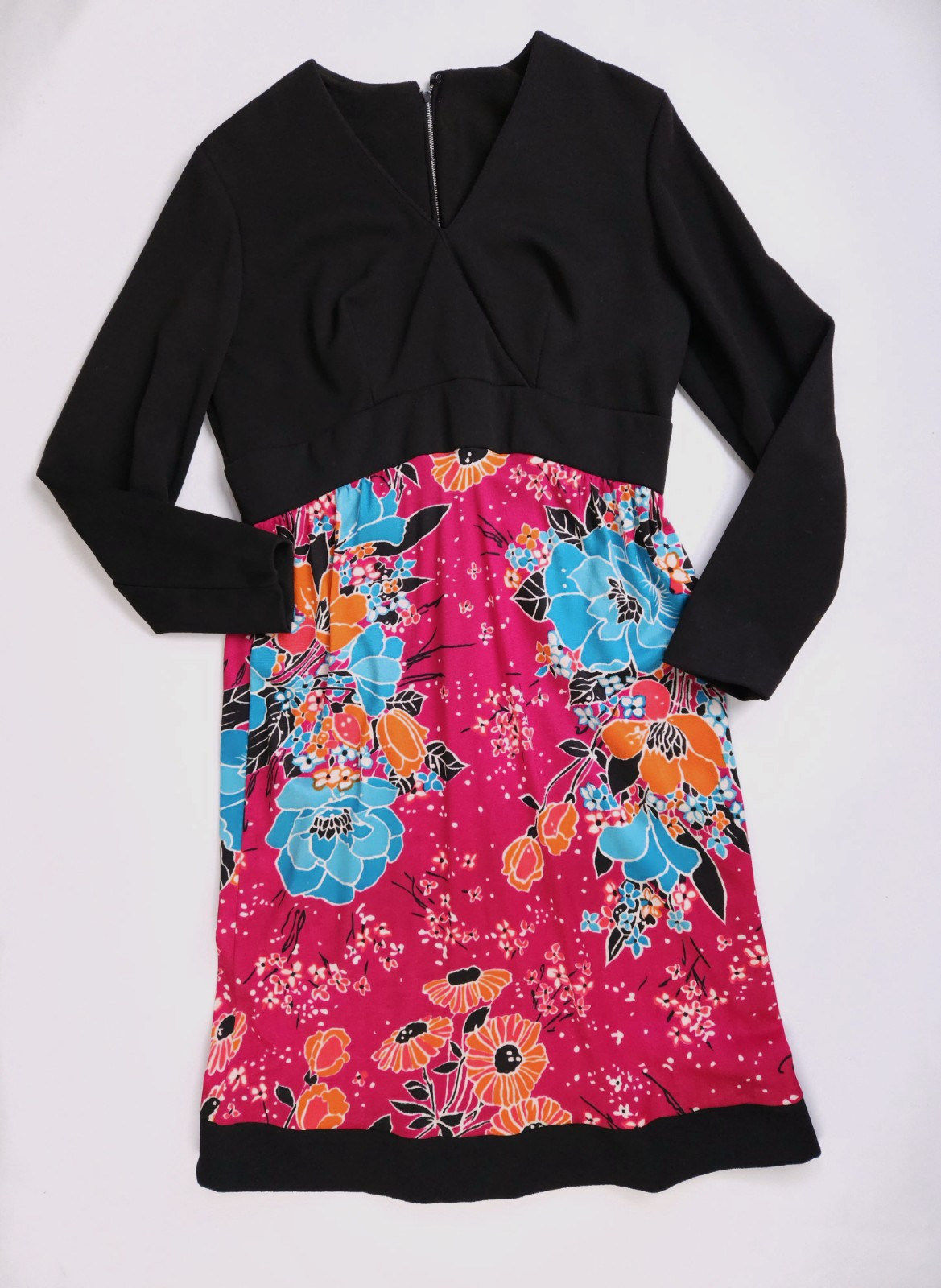 1960s True Vintage Black Pink Vibrant Floral Mod Dress Womens S/M