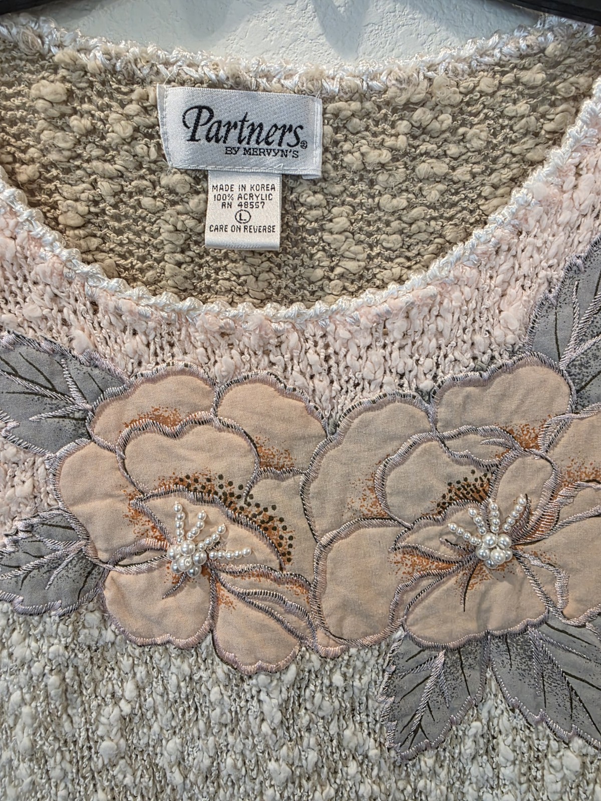 VTG 80s Partners by Mervyns Peach Beige Pearl Detail Floral Short Slve Sweater L