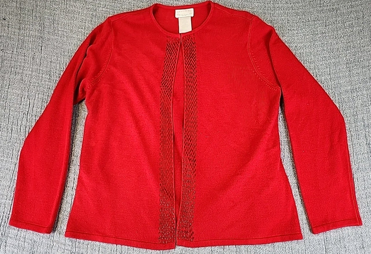 Vintage Designers Originals Womens Cardigan Sweater Sz M Red Beaded Long Sleeve