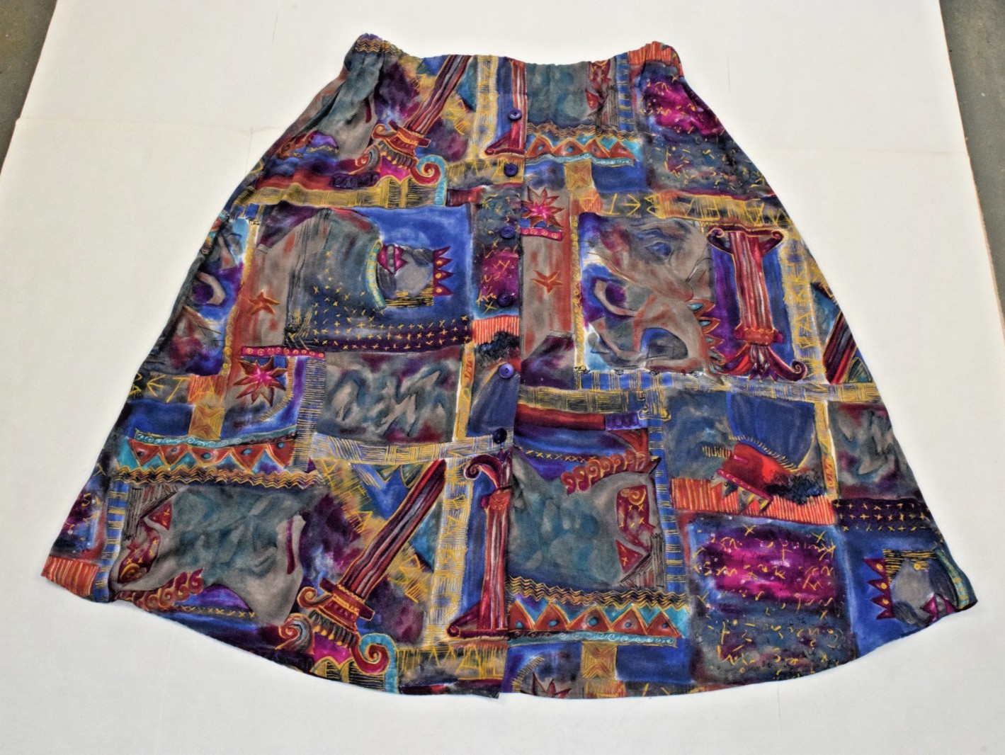 Vintage Colorful Rayon Skirt Size L 90s King Queen Pillars Buttons Elastic Waist
