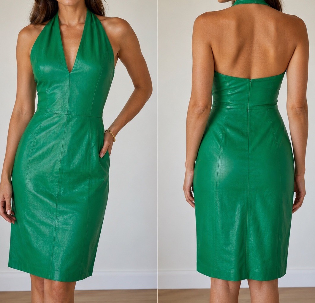 Vintage 1980s Green Buttery Soft Leather Suede Halter Dress Cocktail Bodycon