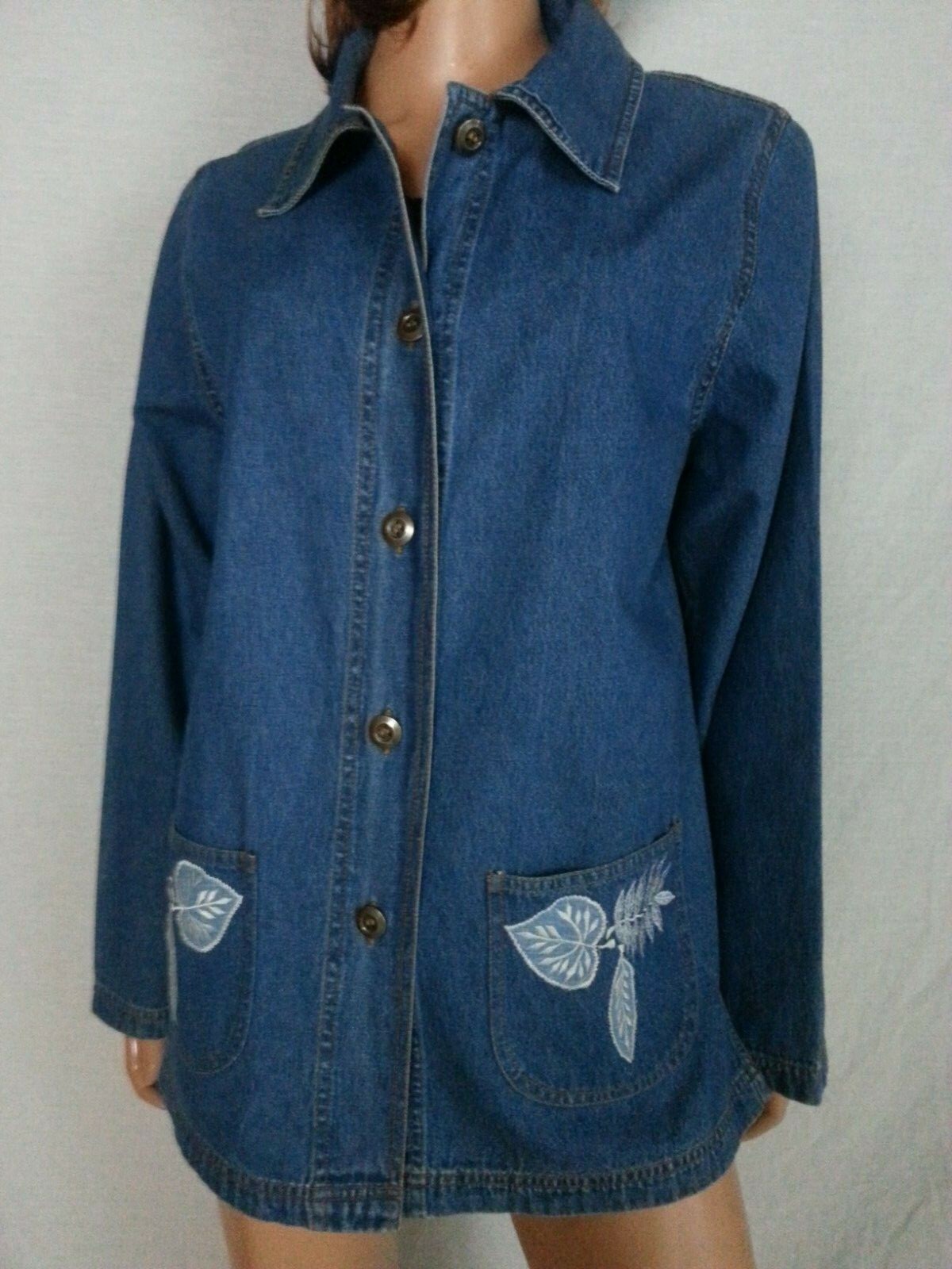 Vtg Women Blair Blue Jean Denim Jacket Coat Leaves Embroidery Butterfly Patch M