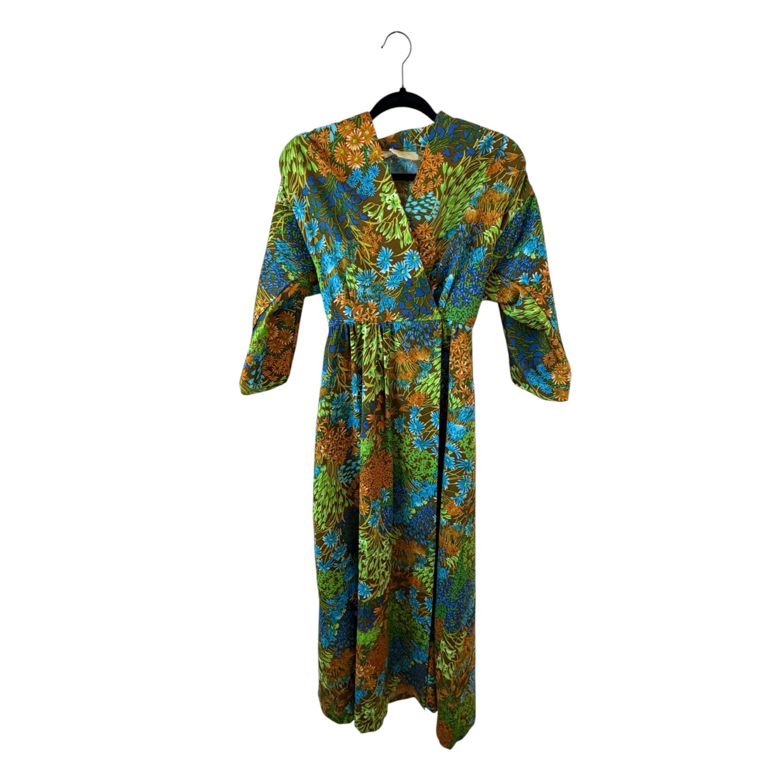 1960s vintage Linda of California wrap maxi dress in green, rust, teal, neutrals