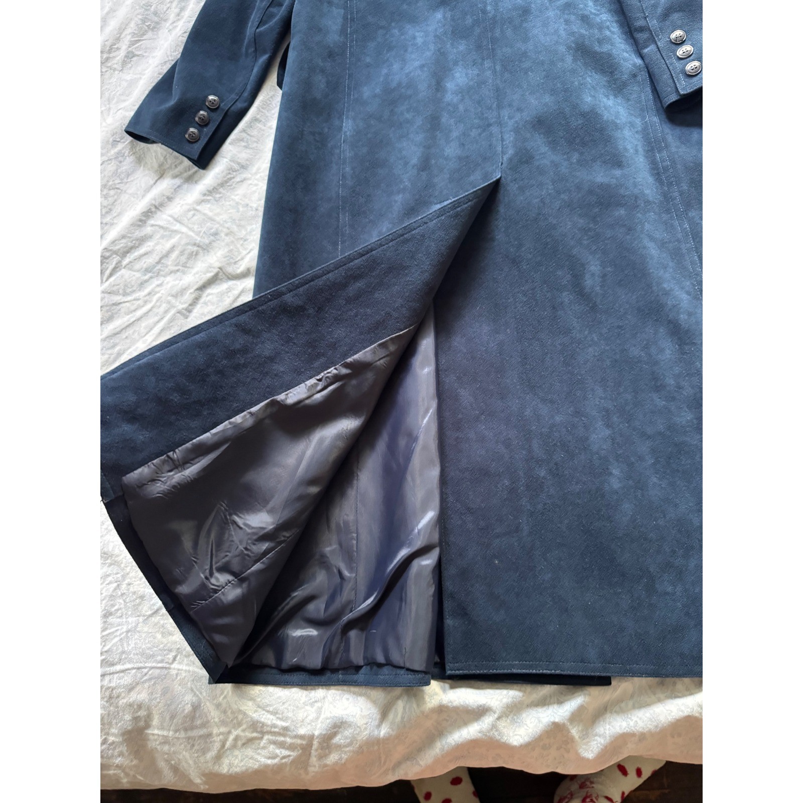 Vintage Navy Suede Leather Maxi Coat Women’s Size M Double Breasted Long Trench