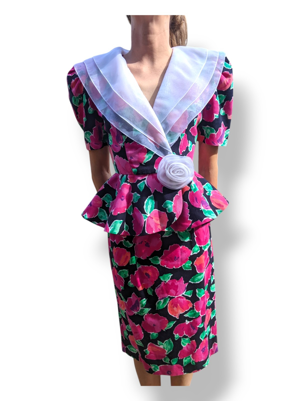 Vtg Leslie Fay 80s Peplum Jacket Top Chiffon Collar Rose Floral Easter Suit Sz 4