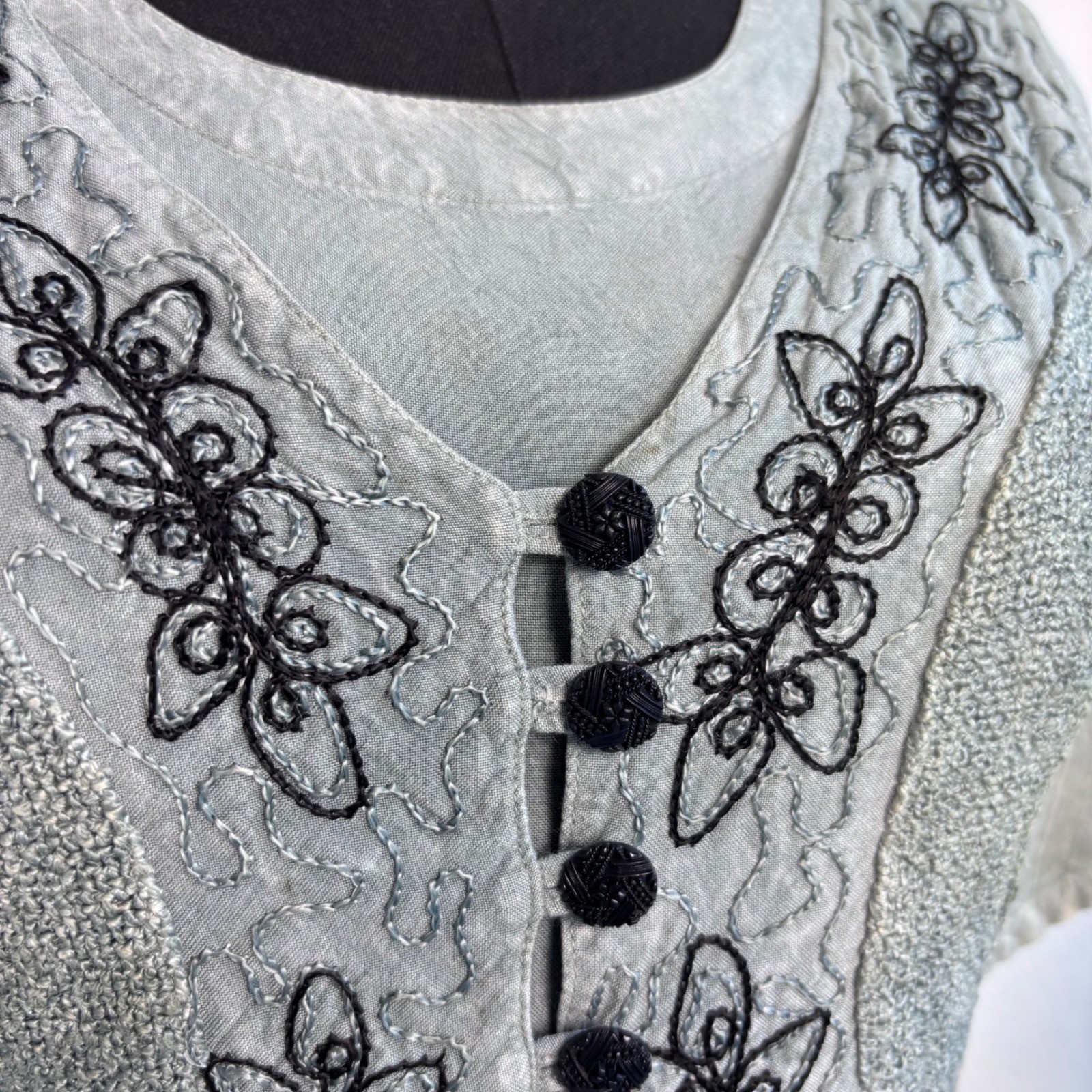 Vintage Cottage Blue Grey Embroidered Tiered Midi Dress, Medium Boho Ren Faire