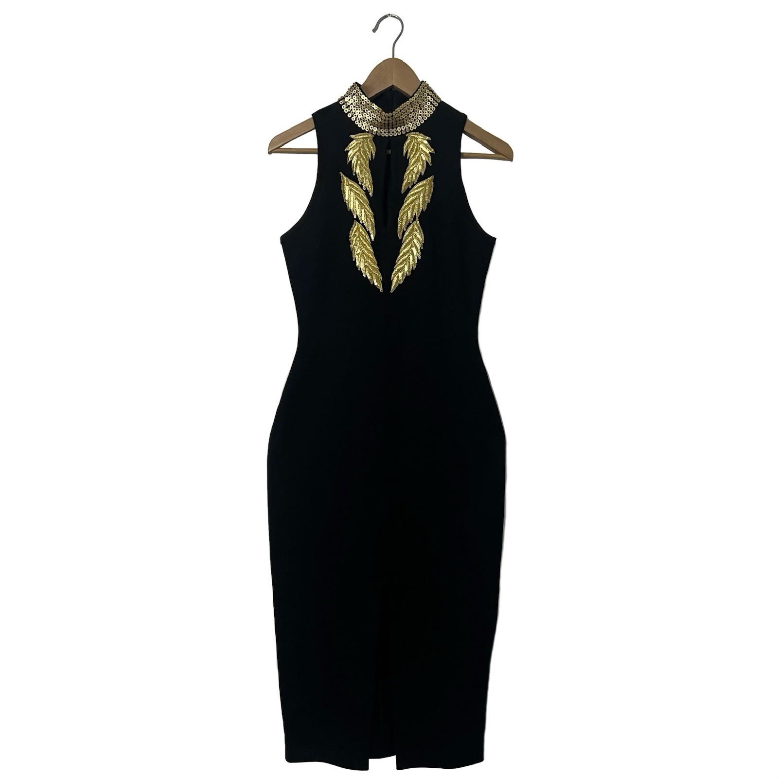 Vintage 80’s Casual Corner Gold Sequin Leaf Dress | Grecian Choker Wiggle Midi
