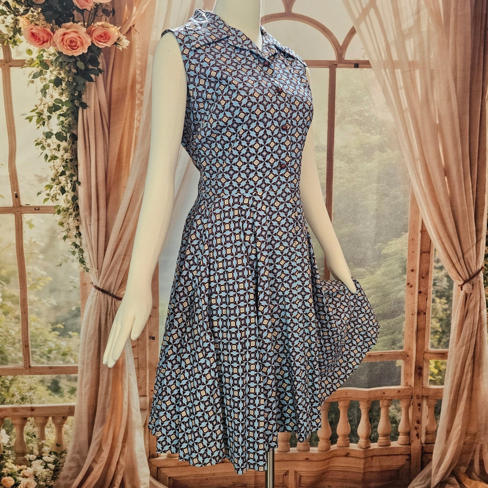 Vintage 1970s Dress Fit and Flare Sandy Lane Blue Brown Geometric Print Buttons