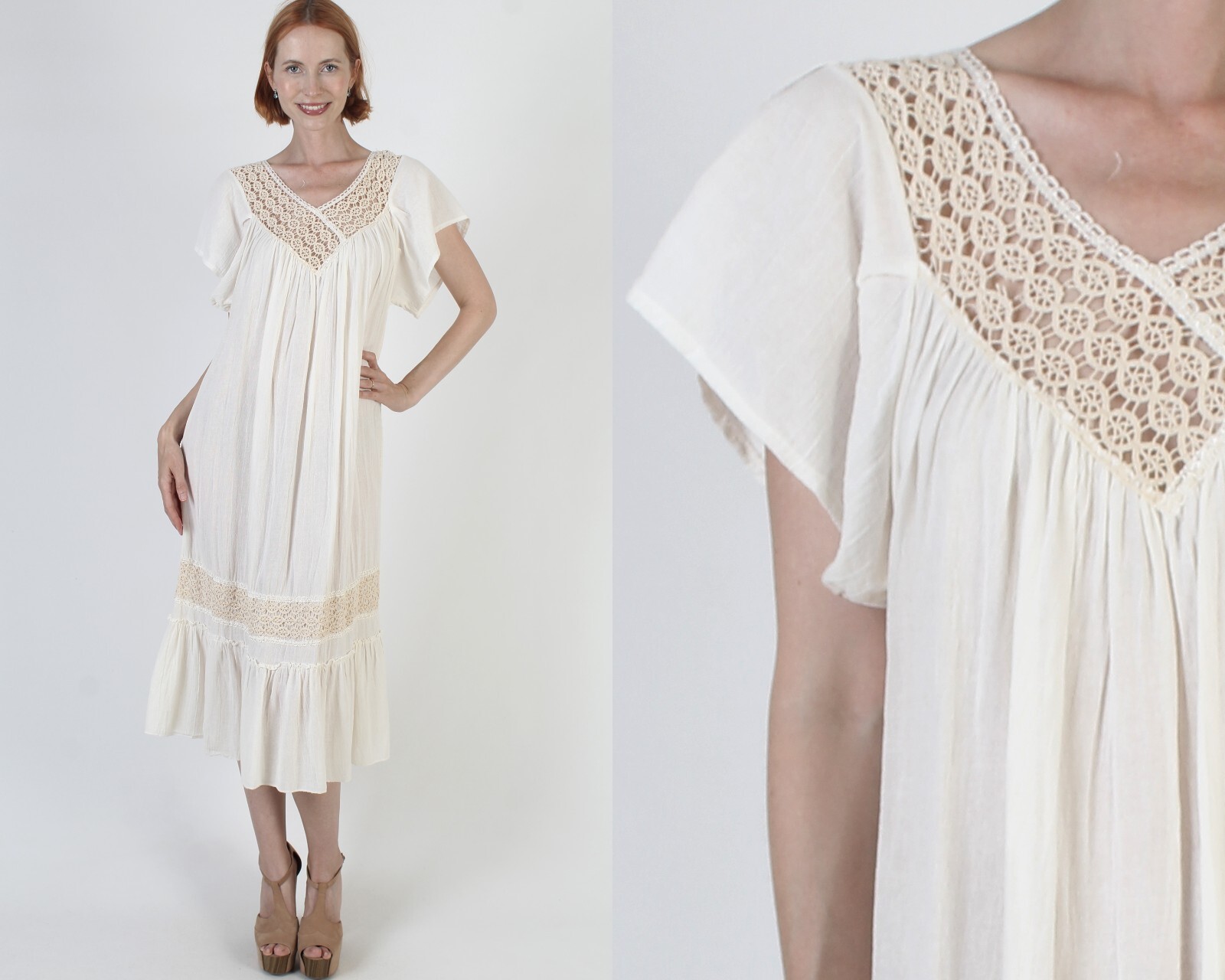 Lightweight Cream Gauze Sun Dress Crochet Beach Pool Cover Up Mexican Sundress