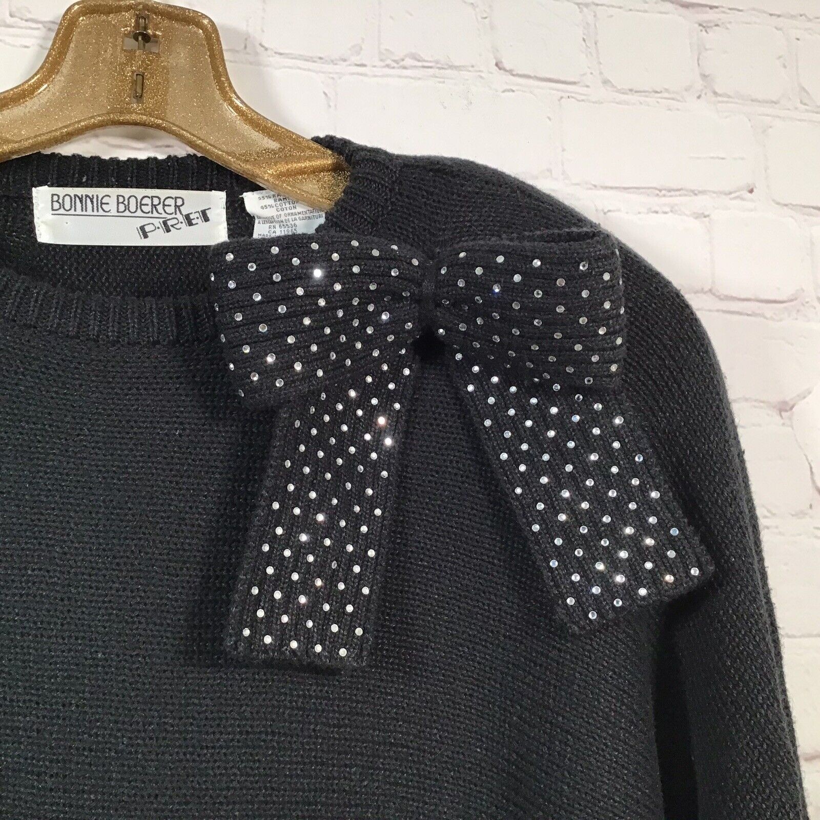 Vintage 80’s Oversized Black Rhinestone Bow Sweater Bonnie Boerer Batwing