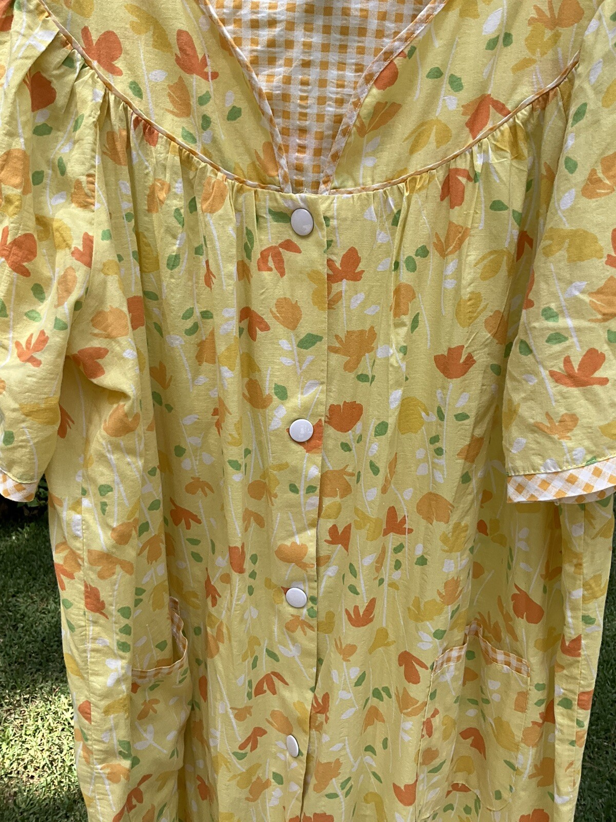 Vtg Bobbie Brooks Yellow Floral Housedress Housecoat Snap Front