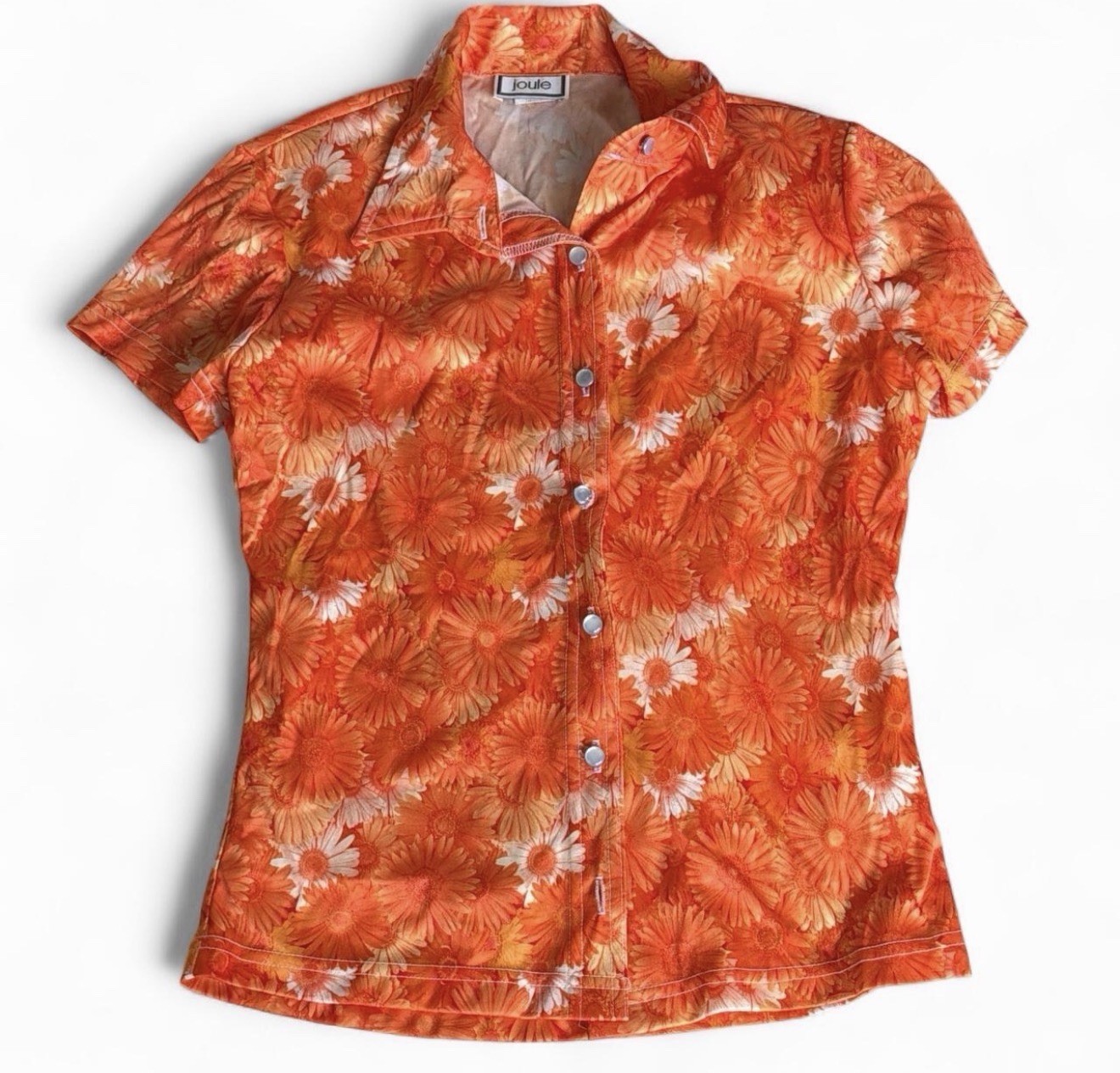 Vintage Joule Orange Floral Button Up Camp Shirt Womens M Hawaiian Y2K Retro USA