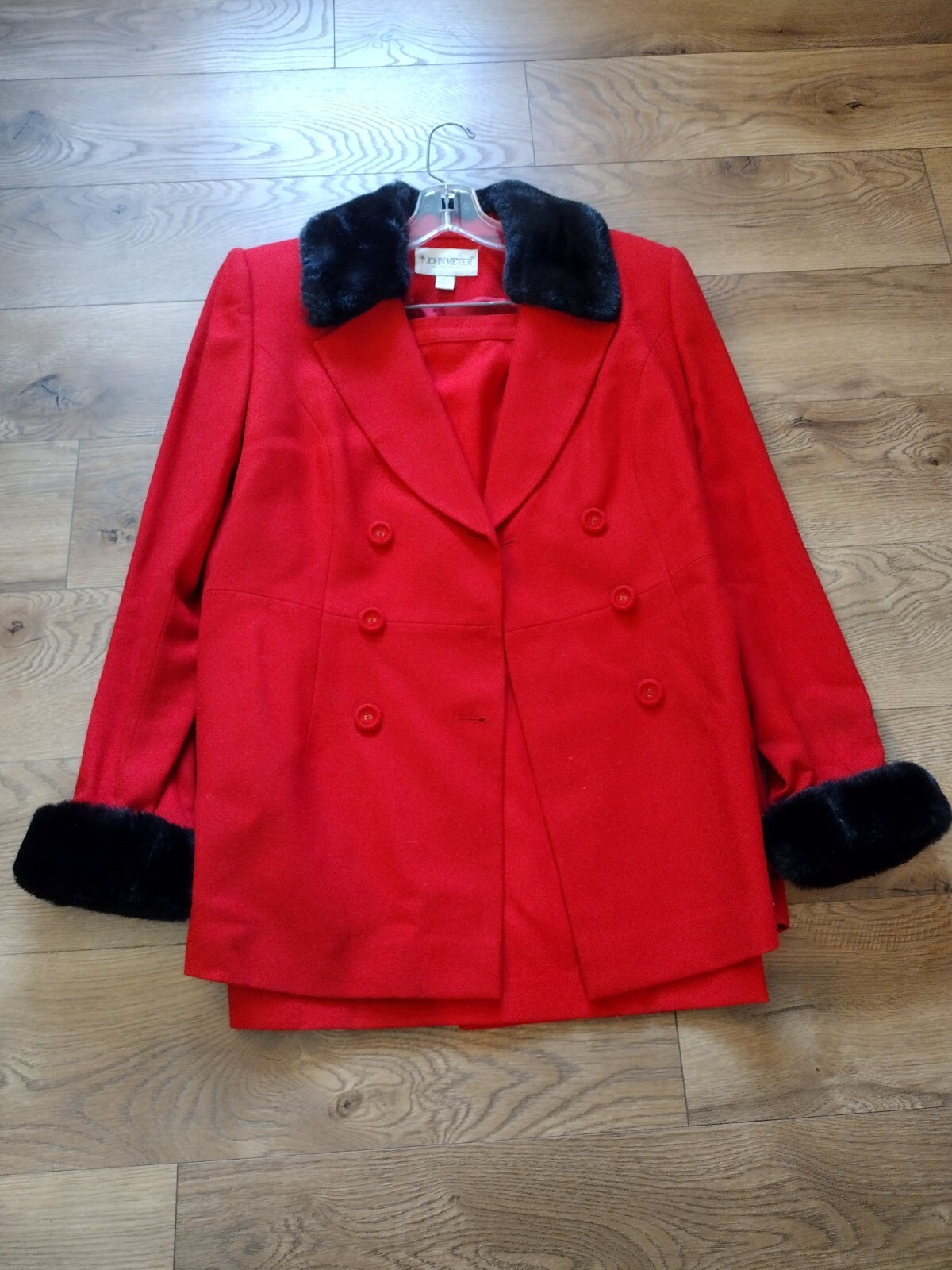 Vintage 1990s John Meyer of Norwick 2pc Red Jacket Faux Fur Cuffs Button Size 8P