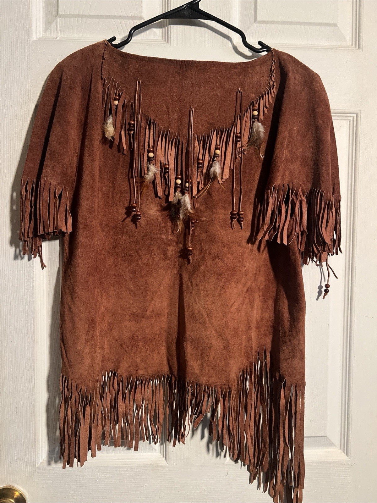 Vintage Brown Suede Native Tribal Style Fringe Tassels Beads Top Womens Small