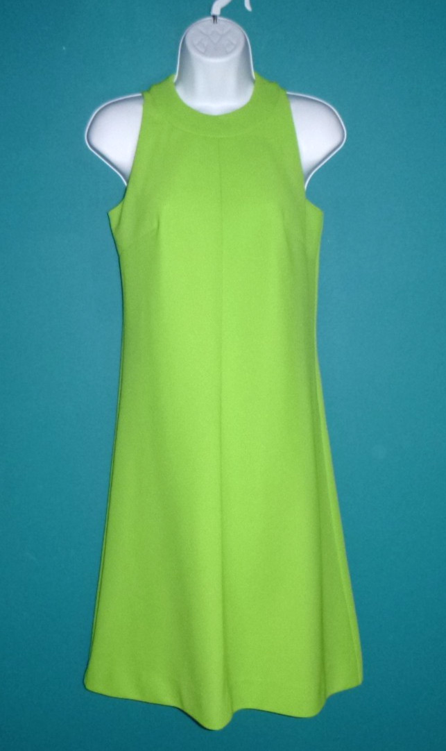 Vtg 60s 70s Gay Gibson MOD Bright Green Ribbed Poly Dress Unique Back Sz S/M