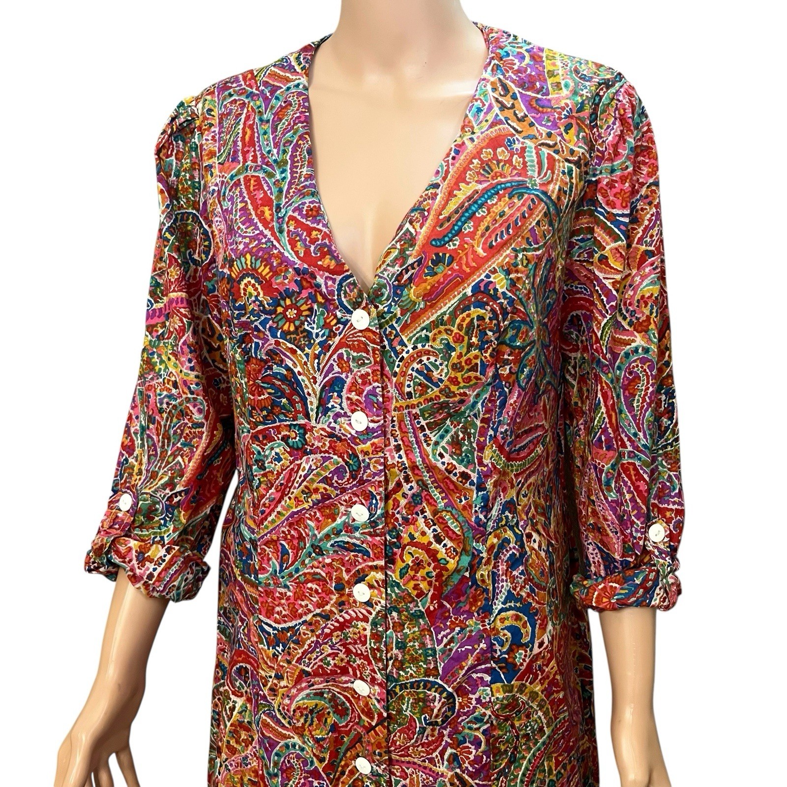 70s VTG Paisley Midi Shirt Dress Large Colorful Retro Psychedelic Hippie