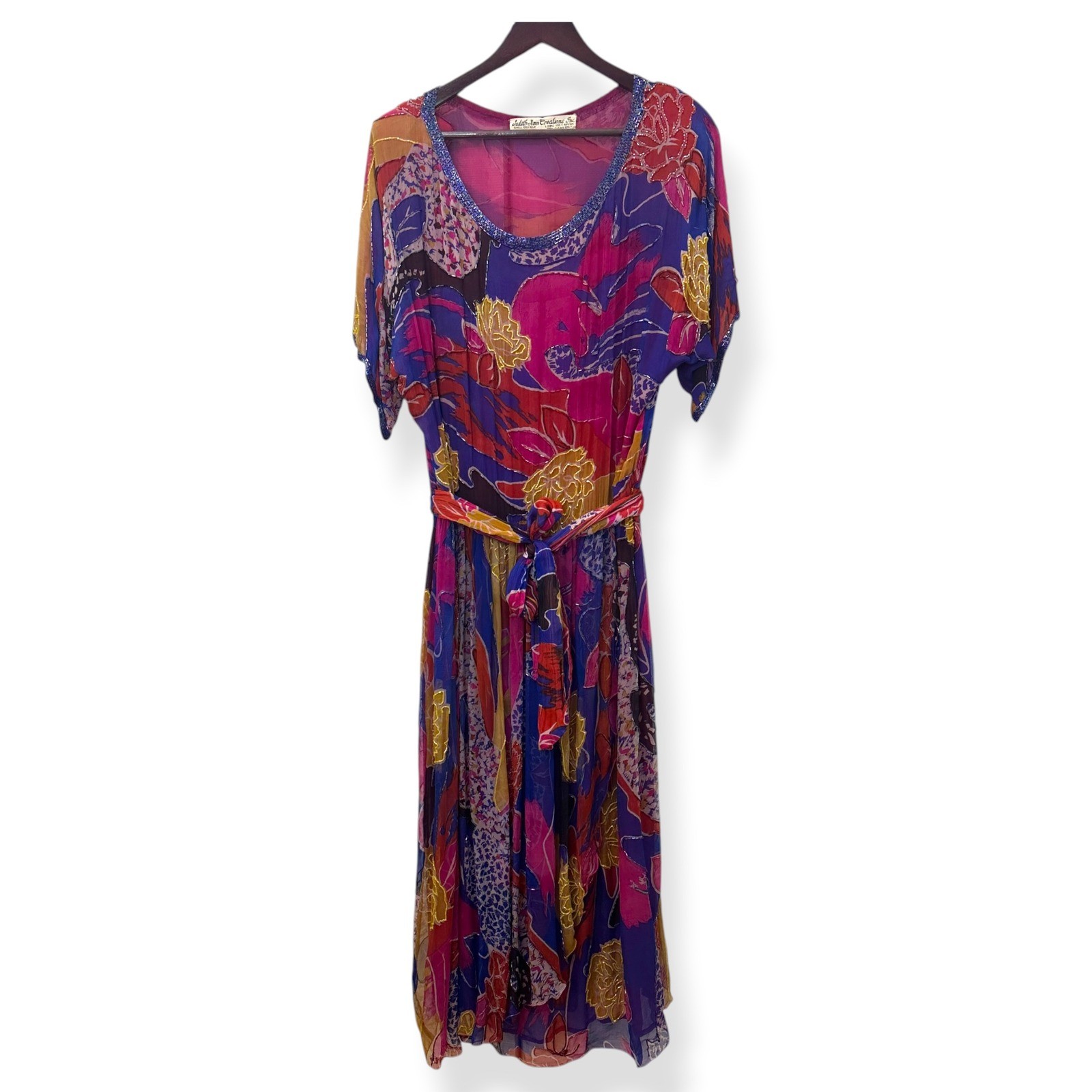 Vtg Judith Ann Creations Maxi Dress Silk Floral Belted Beaded Boho Womens L