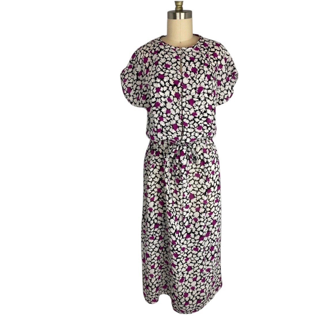 Vintage Darian Floral Dress Black White Purple Midi Short Sleeve Size LARGE