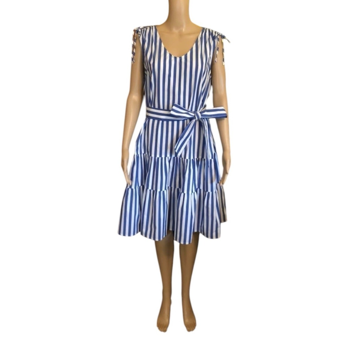 Vintage Liz Claiborne Career Blue White Striped Tie-Waist Summer Dress Tiered 4