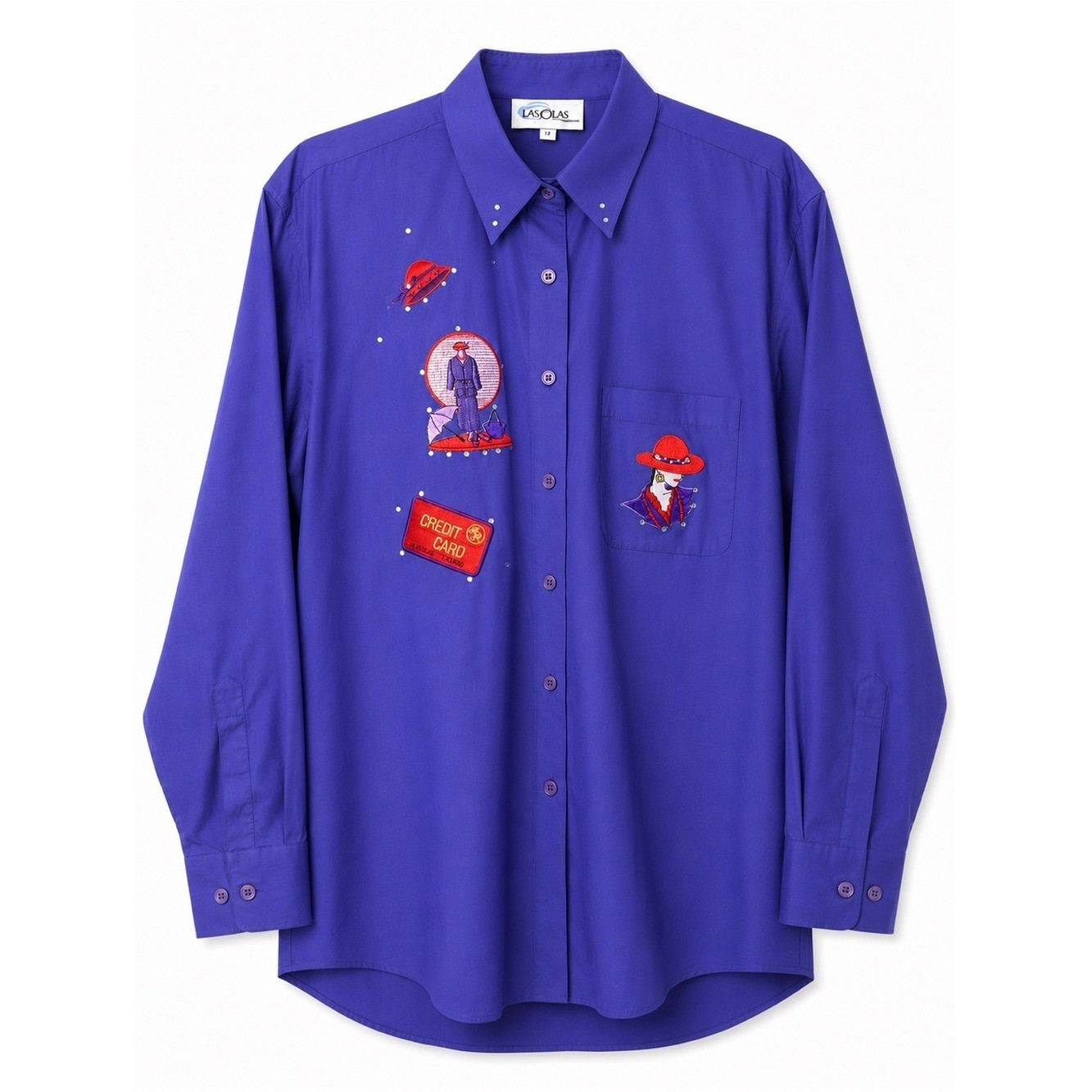 Vintage Las Olas Purple Novelty Embroidered Button Shirt Rhinestone Art Blouse M