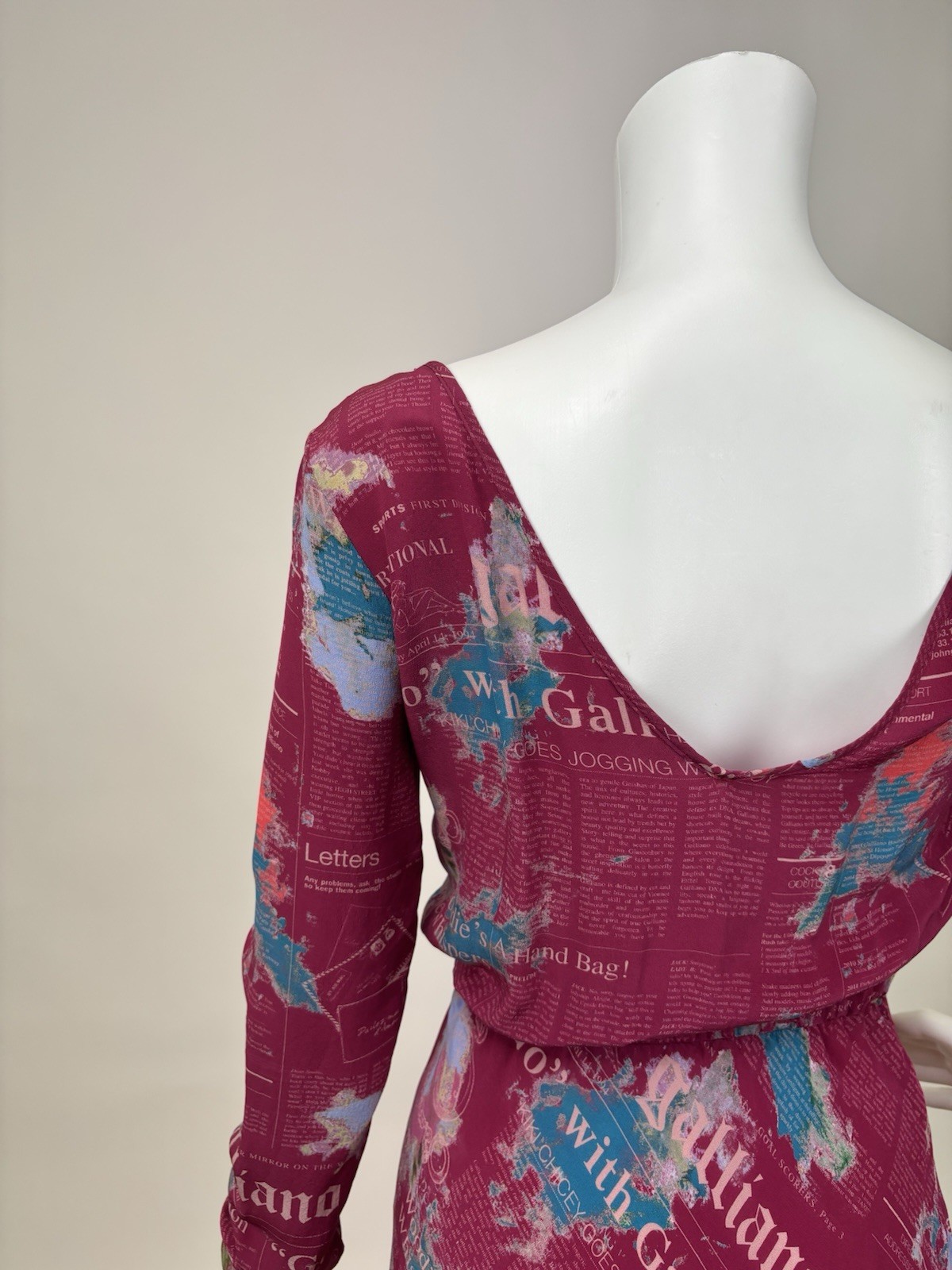 Vintage Rare Galliano Pink and Blue Newsprint Long sleeve Dress Sheer 100% Silk