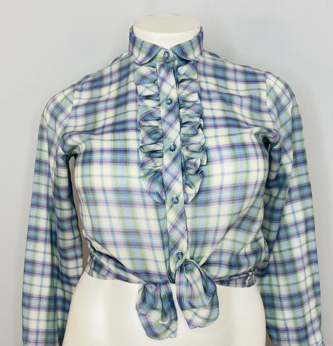 Vintage 1970s purple plaid blouse L ruffle long sleeve white green Victorian