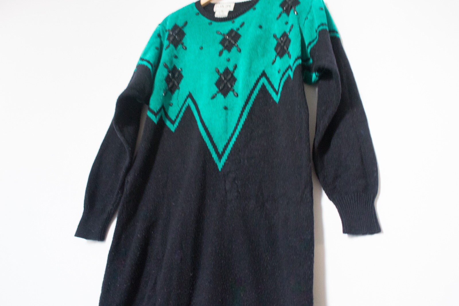 Plain Jane | Vintage 80’s/90’s Teal & Black Bejeweled Sweater Dress | Size S