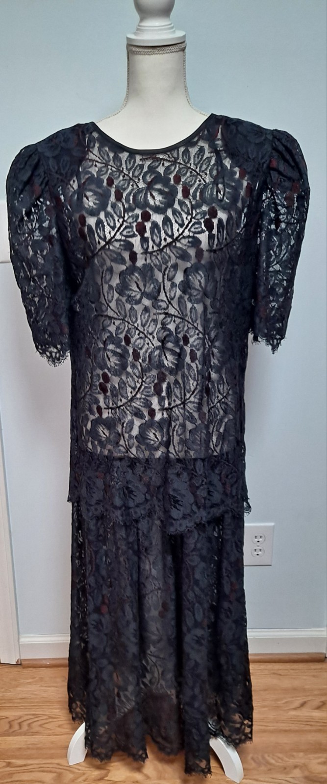 Vintage SG.GILBERT Sz 14 Black Drop Waist Sheer Lace Witchy Whimsy Goth Dress