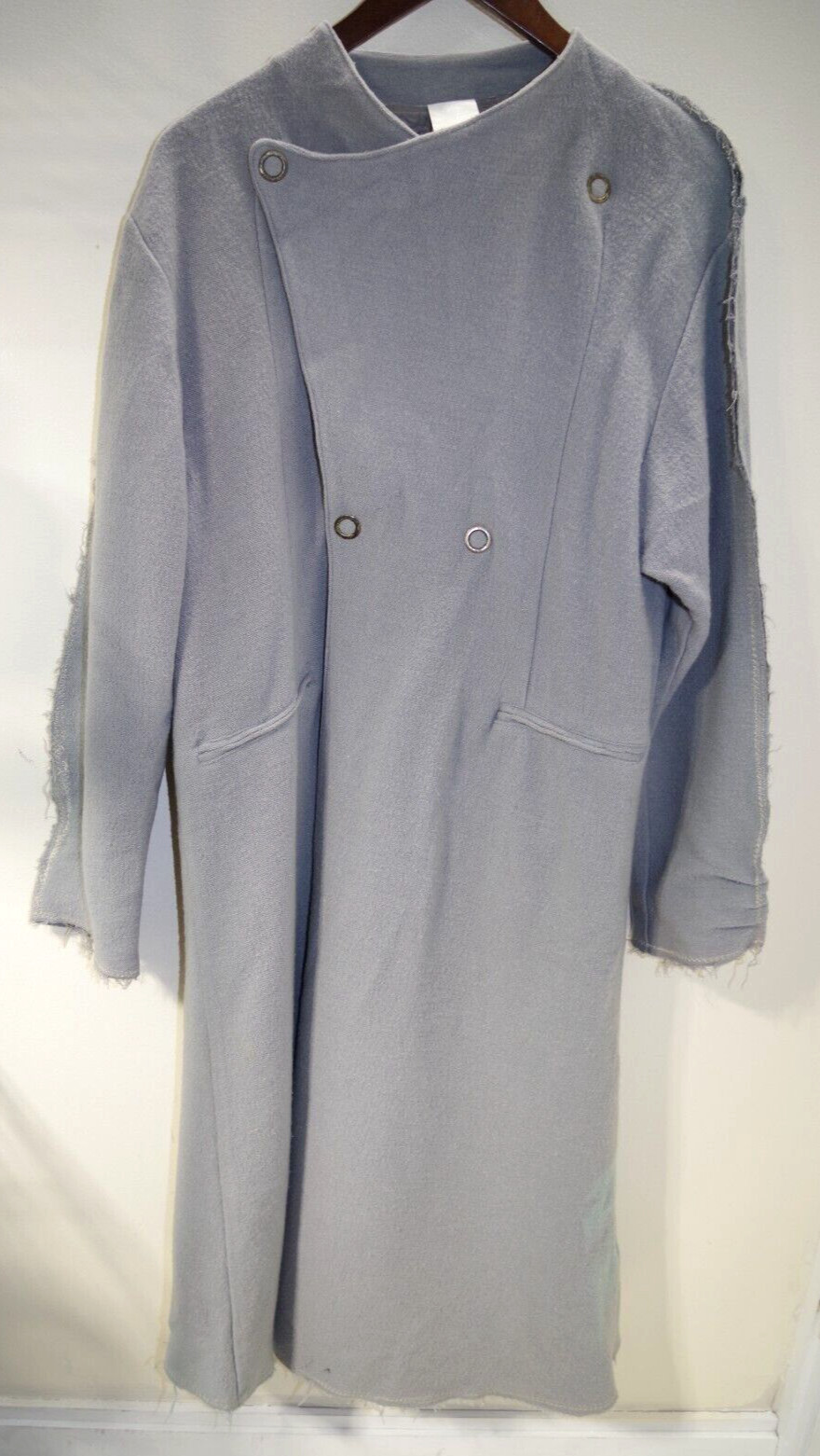 218 – J MORGAN PUETT vintage Long COAT DRESS Gray Wool Gauze SM Snaps Bee Label