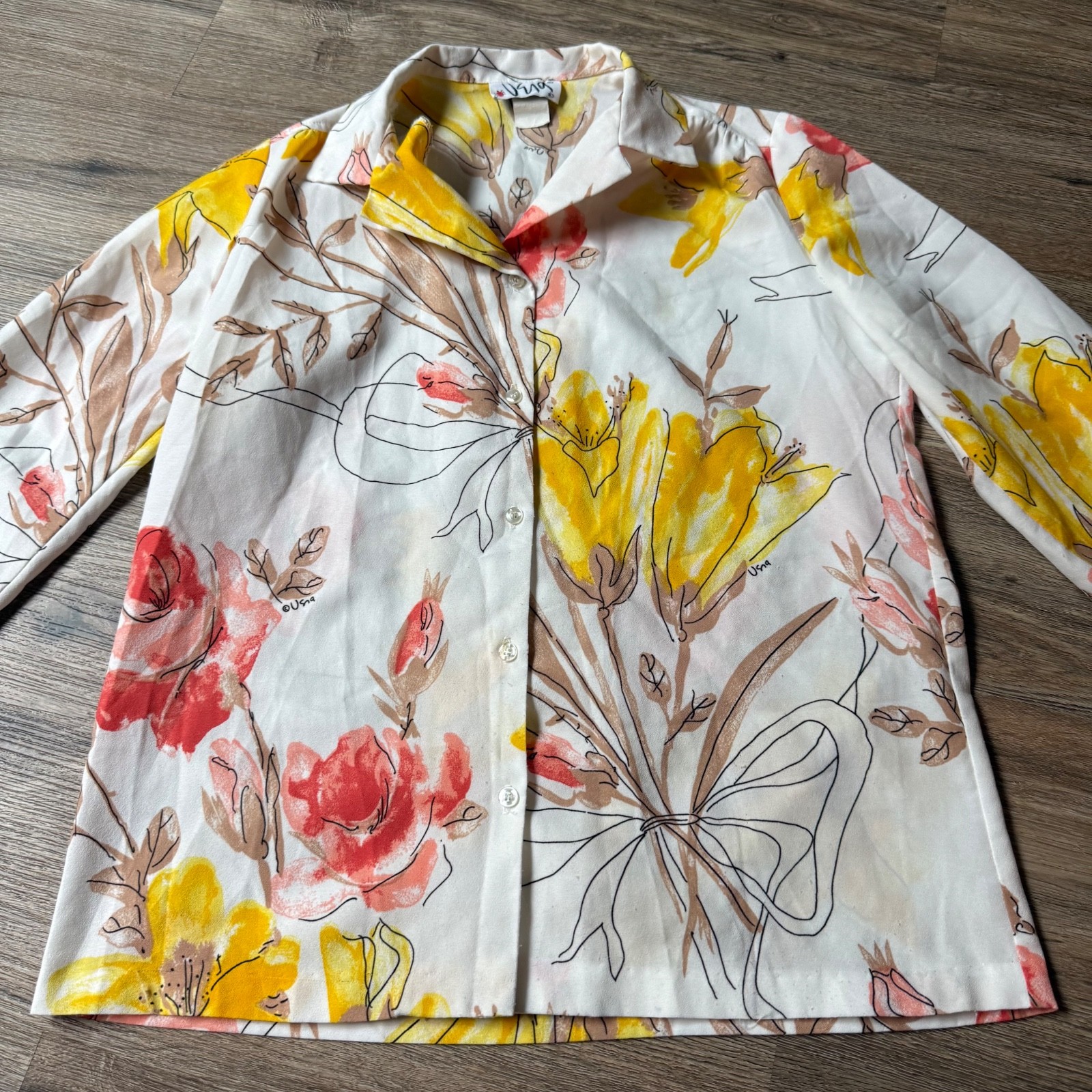Vtg 60/70s Vera Neumann Novelty Print Floral Dagger Collar Button Up S/M