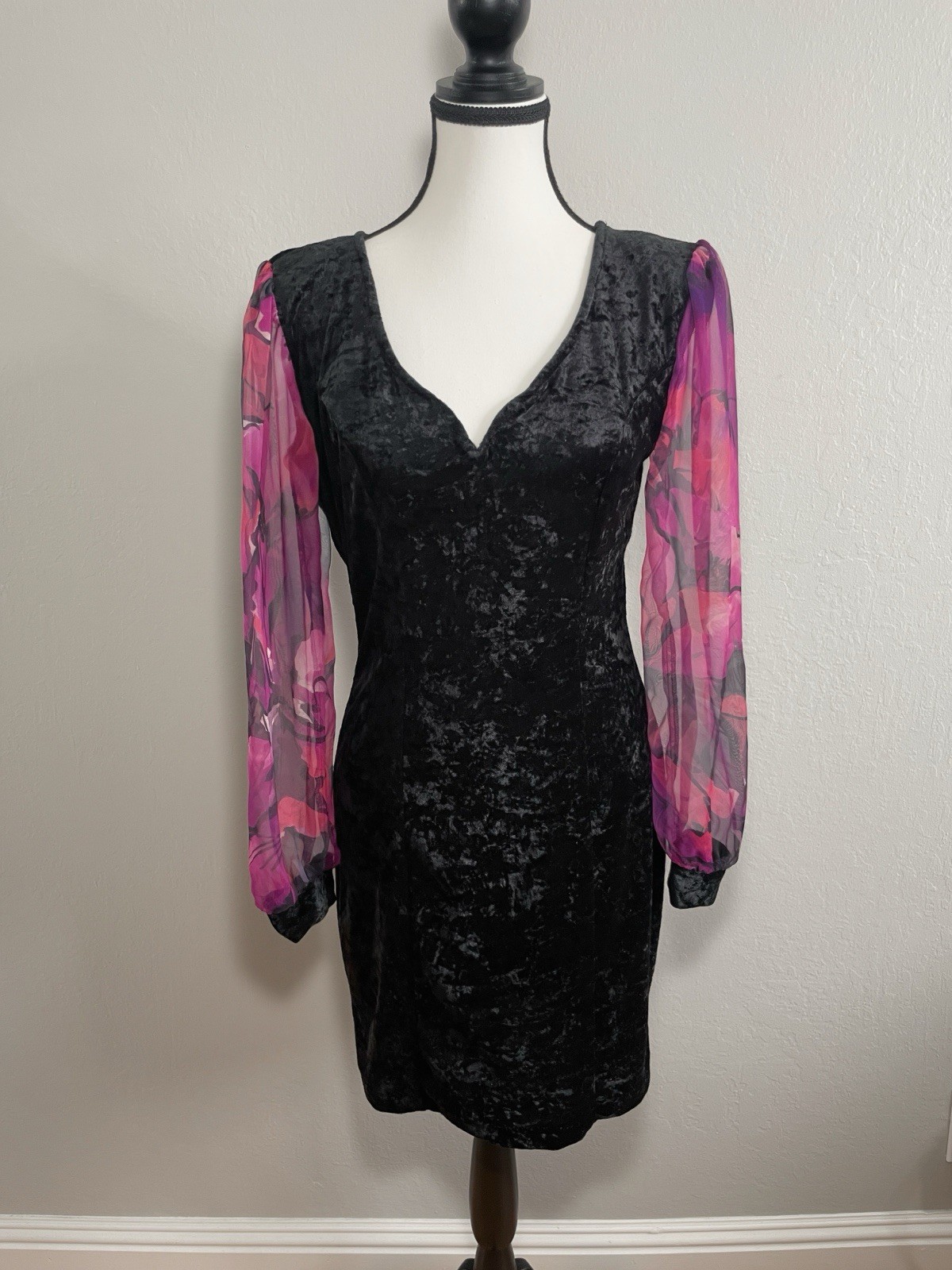 Vintage 80s Black Velvet Mini Dress Sheer Floral Sleeves Dare to Dress XS S