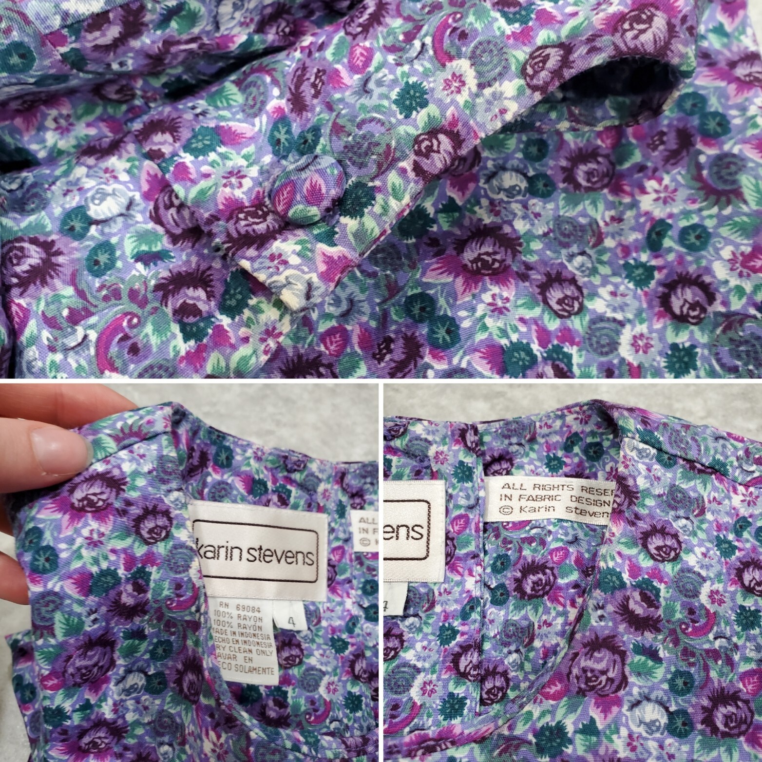 Vintage Karin Stevens Dress Size 4 Midi Floral Smocked Waist Pleated Tea Party