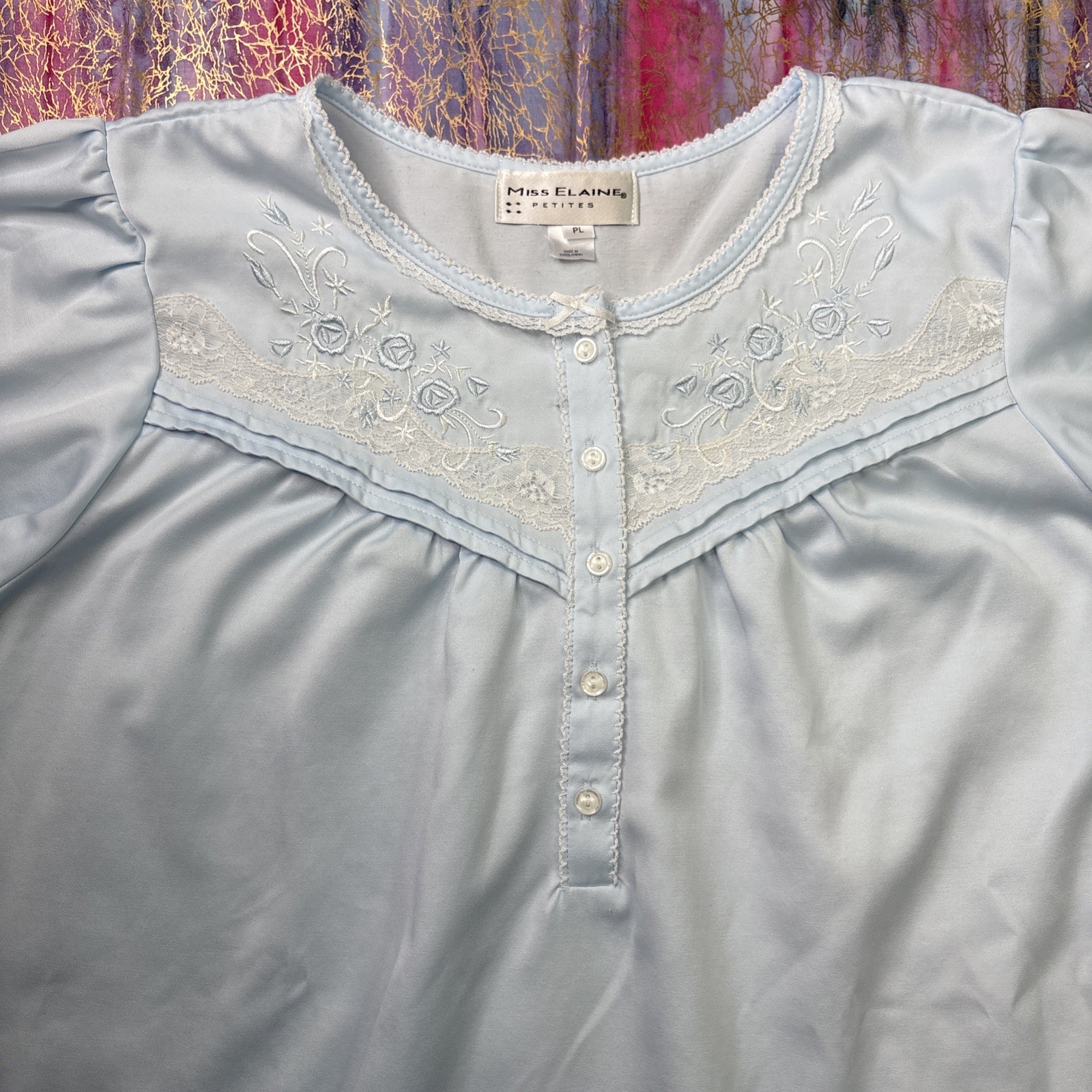 Miss Elaine Petites PL Nightgown Blue Long Sleeve Lace Embroidered Floral