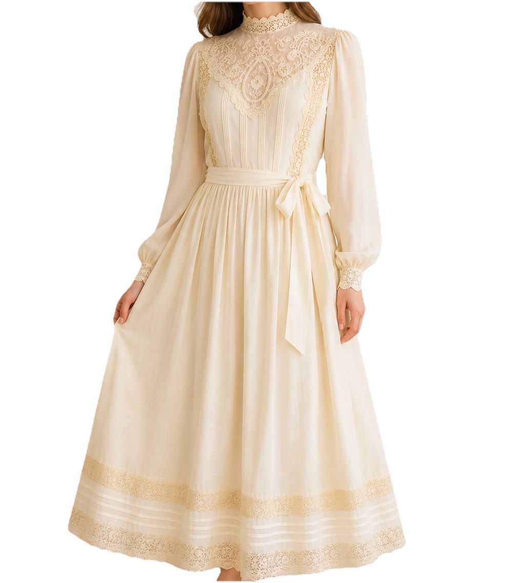 Vintage 70s Bonnie Strauss Dress Medium Lace Sheer Victorian Cottage Prairie 80s