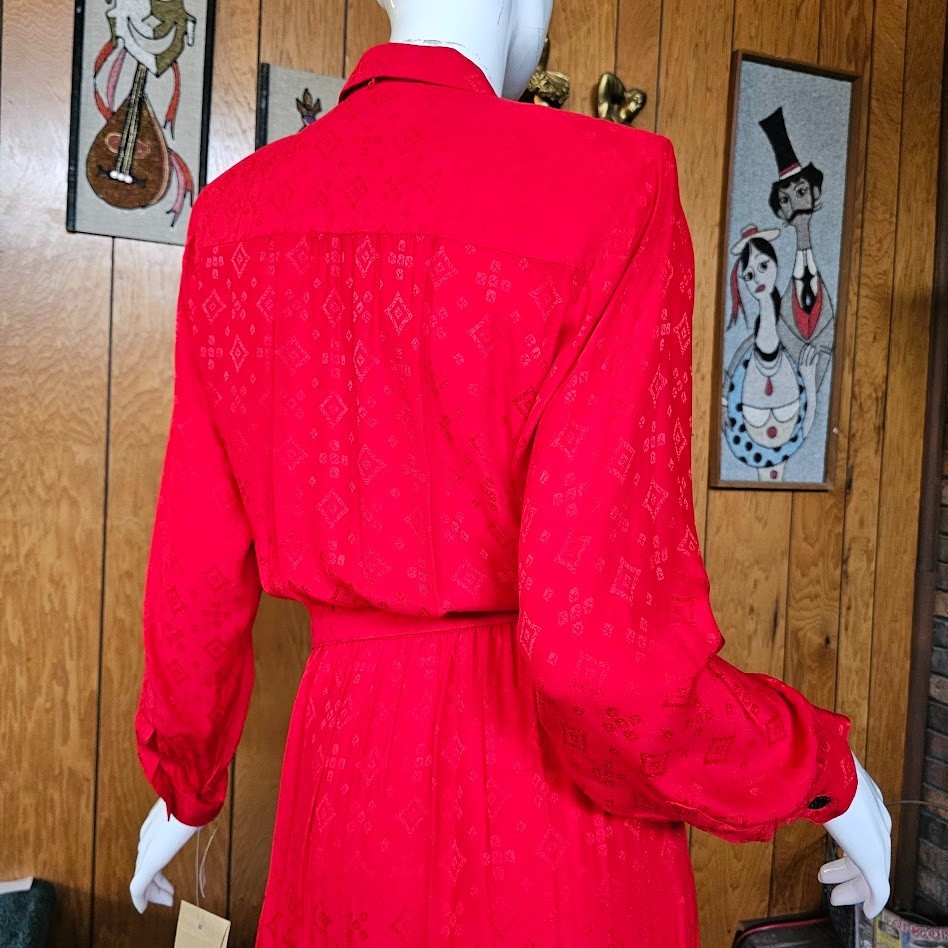 Vtg 80s Silk Jacquard Secretary Liz Claiborne Lipstick Red Femme Boss Dress S/M